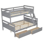 Solid Wood Twin over Full Bunk Bed with Two Storage Drawer, Removable Ladder and Safety Guardrail, Convertible to 2 Separated beds