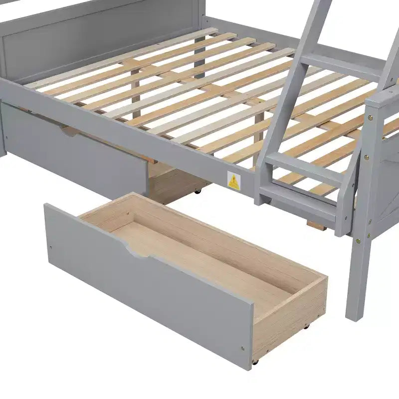 Solid Wood Twin over Full Bunk Bed with Two Storage Drawer, Removable Ladder and Safety Guardrail, Convertible to 2 Separated beds