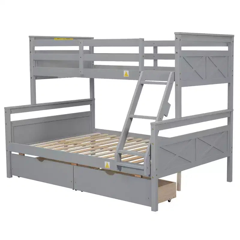 Solid Wood Twin over Full Bunk Bed with Two Storage Drawer, Removable Ladder and Safety Guardrail, Convertible to 2 Separated beds