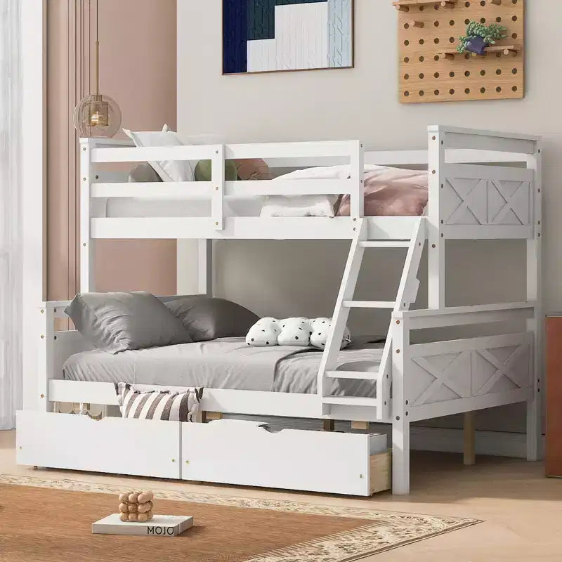 Solid Wood Twin over Full Bunk Bed with Two Storage Drawer, Removable Ladder and Safety Guardrail, Convertible to 2 Separated beds