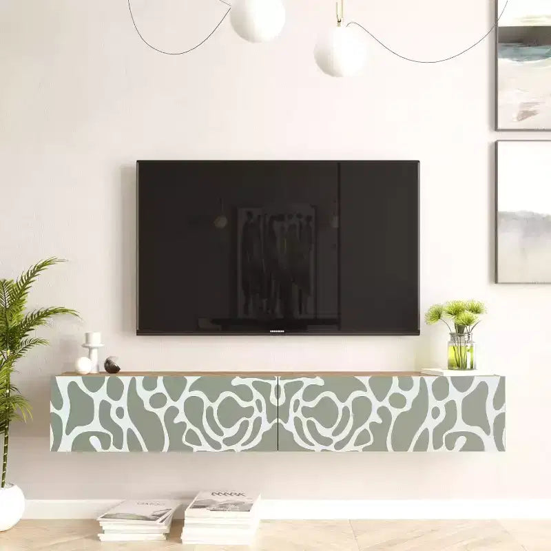 Pine-White UV Print 70 inches Floating Entertainment Center Console with Storage Shelves & Doors