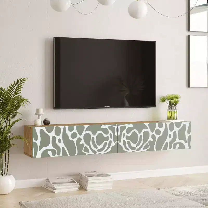 Pine-White UV Print 70 inches Floating Entertainment Center Console with Storage Shelves & Doors