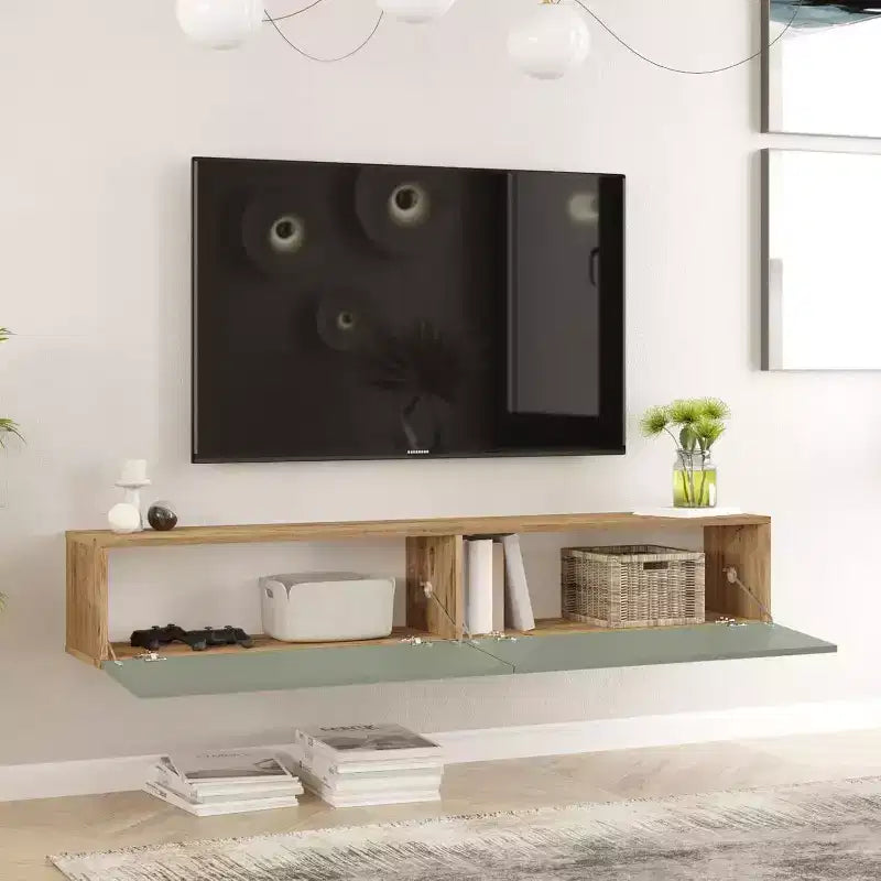 Pine-White UV Print 70 inches Floating Entertainment Center Console with Storage Shelves & Doors