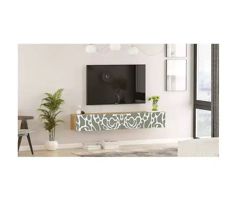 Pine-White UV Print 70 inches Floating Entertainment Center Console with Storage Shelves & Doors