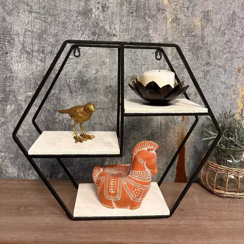 Wall Mounted Shelf, Iron and Wood 3 Layer Storage Rack, Rustic Industrial Style, Medium, 17.5x15.4
