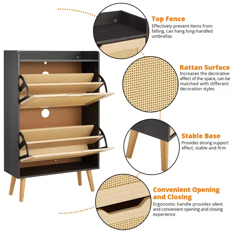 Natural Rattan Shoe Cabinet with 2 Drawers Narrow 9.25-Inch Depth Entryway