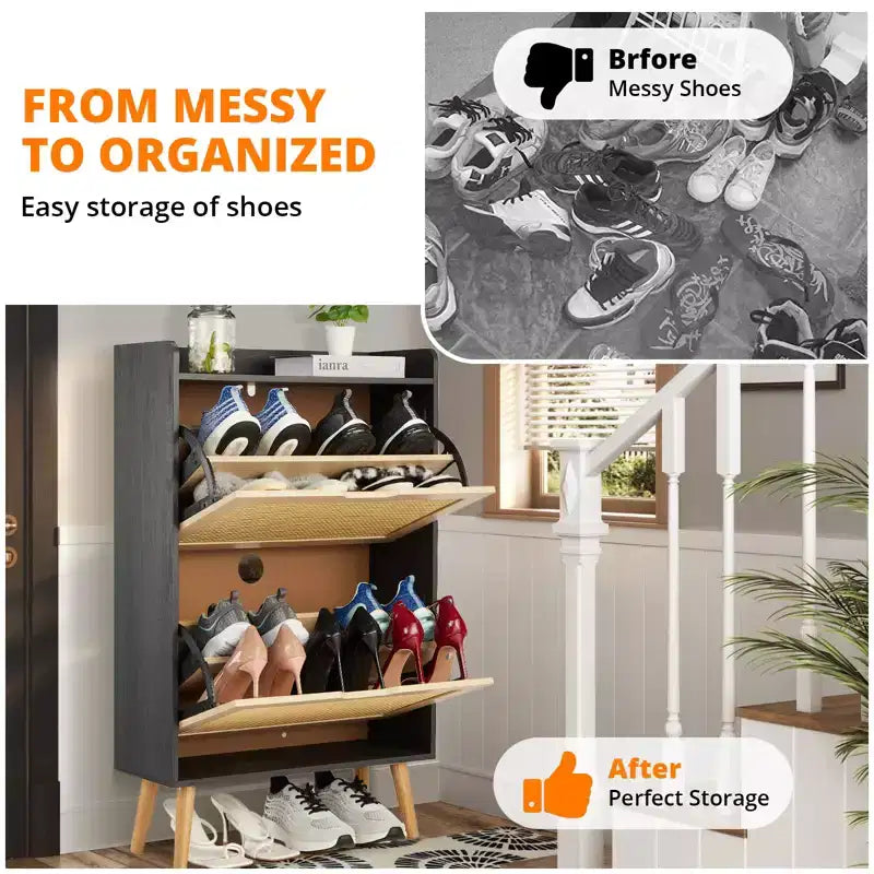 Natural Rattan Shoe Cabinet with 2 Drawers Narrow 9.25-Inch Depth Entryway