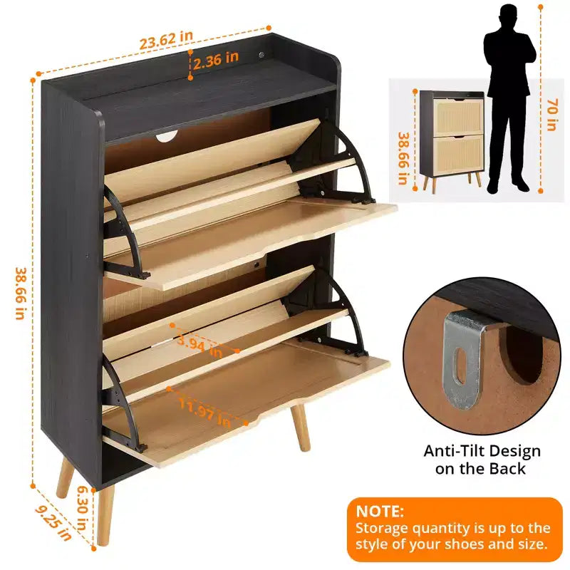 Natural Rattan Shoe Cabinet with 2 Drawers Narrow 9.25-Inch Depth Entryway