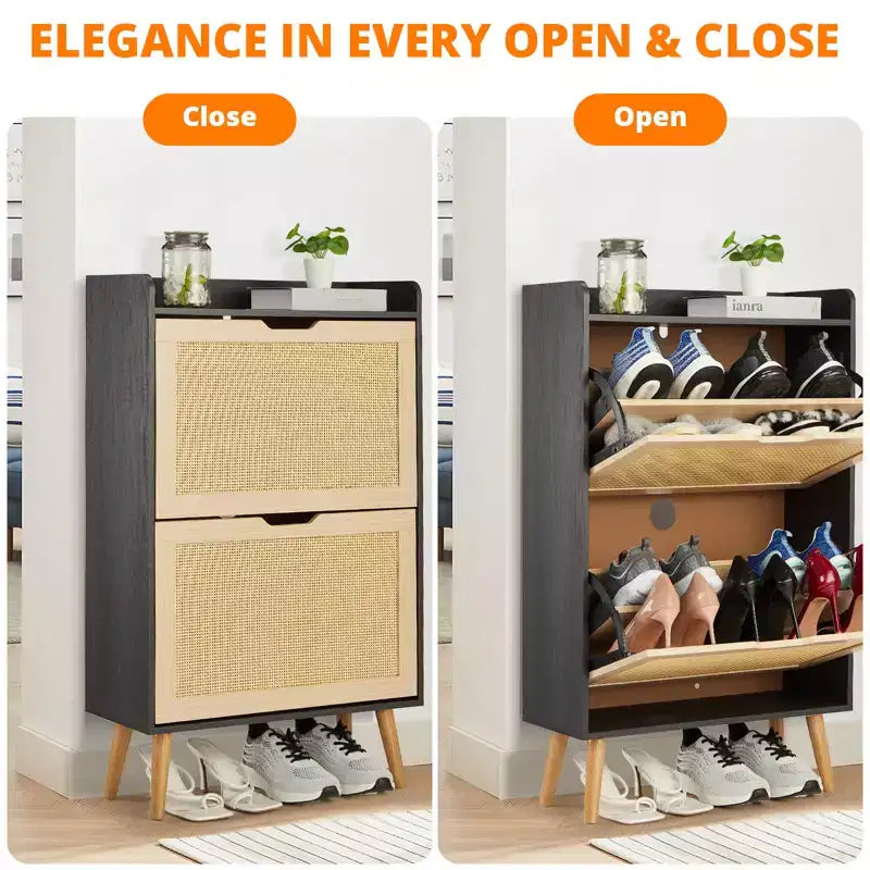 Natural Rattan Shoe Cabinet with 2 Drawers Narrow 9.25-Inch Depth Entryway