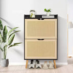 Natural Rattan Shoe Cabinet with 2 Drawers Narrow 9.25-Inch Depth Entryway