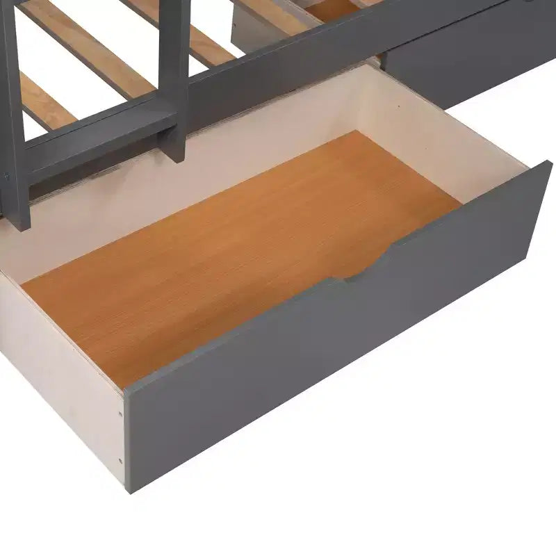Twin L-Shaped Wood Bunk Beds with 3 Storage Drawers, Twin over Twin Wooden Triple Loft bedframe for 3 Kids