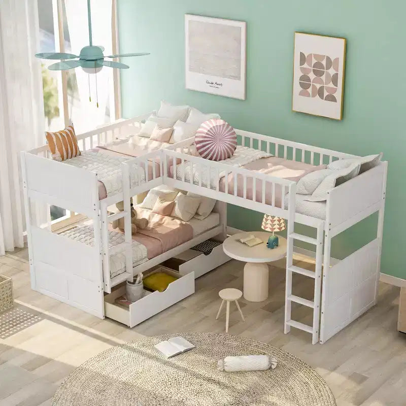 Twin L-Shaped Wood Bunk Beds with 3 Storage Drawers, Twin over Twin Wooden Triple Loft bedframe for 3 Kids