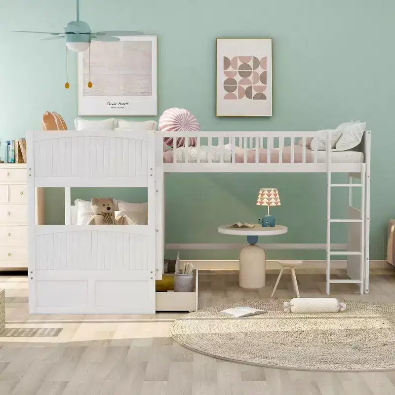 Twin L-Shaped Wood Bunk Beds with 3 Storage Drawers, Twin over Twin Wooden Triple Loft bedframe for 3 Kids