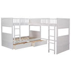 Twin L-Shaped Wood Bunk Beds with 3 Storage Drawers, Twin over Twin Wooden Triple Loft bedframe for 3 Kids