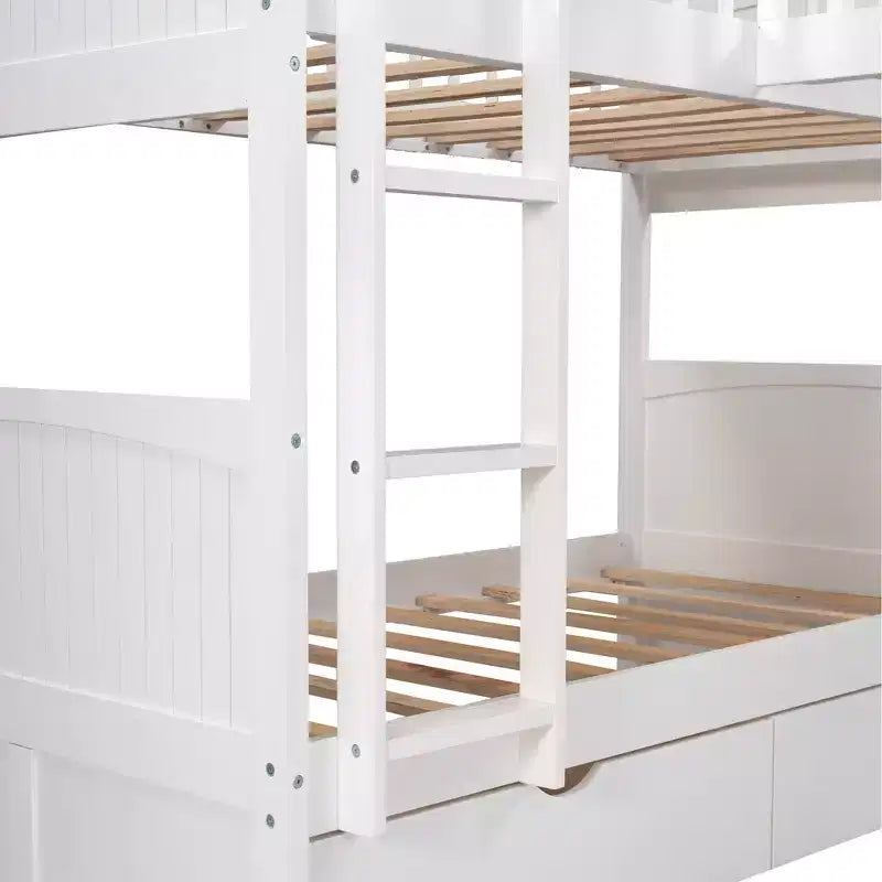 Twin L-Shaped Wood Bunk Beds with 3 Storage Drawers, Twin over Twin Wooden Triple Loft bedframe for 3 Kids