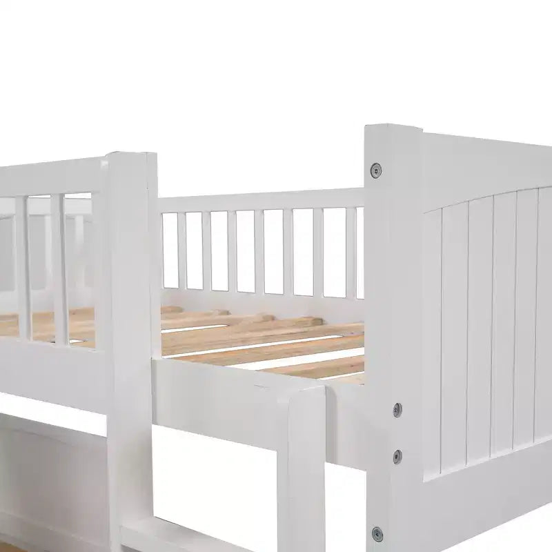 Twin L-Shaped Wood Bunk Beds with 3 Storage Drawers, Twin over Twin Wooden Triple Loft bedframe for 3 Kids