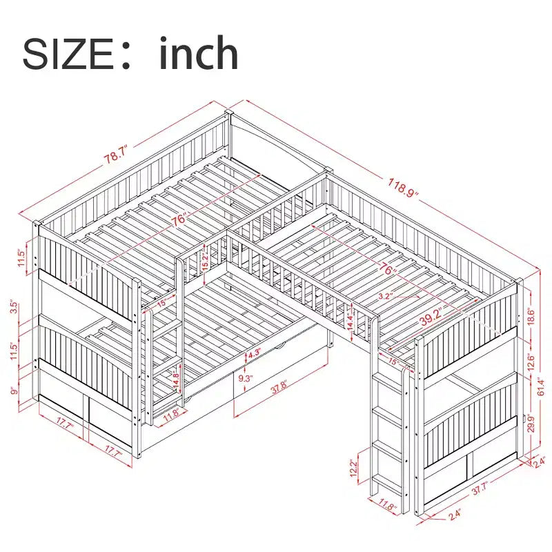 Twin L-Shaped Wood Bunk Beds with 3 Storage Drawers, Twin over Twin Wooden Triple Loft bedframe for 3 Kids