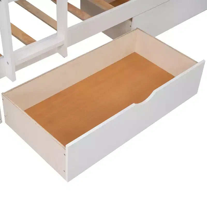 Twin L-Shaped Wood Bunk Beds with 3 Storage Drawers, Twin over Twin Wooden Triple Loft bedframe for 3 Kids