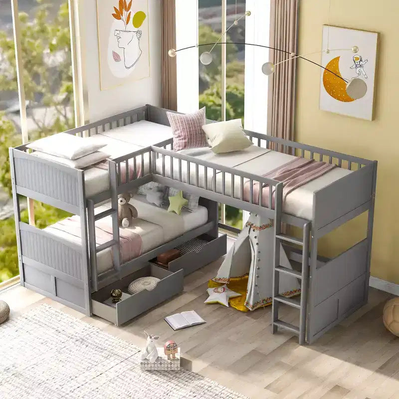 Twin L-Shaped Wood Bunk Beds with 3 Storage Drawers, Twin over Twin Wooden Triple Loft bedframe for 3 Kids