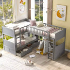 Twin L-Shaped Wood Bunk Beds with 3 Storage Drawers, Twin over Twin Wooden Triple Loft bedframe for 3 Kids