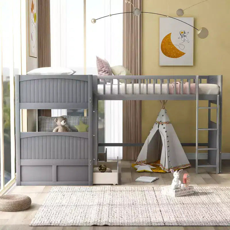 Twin L-Shaped Wood Bunk Beds with 3 Storage Drawers, Twin over Twin Wooden Triple Loft bedframe for 3 Kids