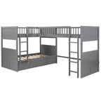 Twin L-Shaped Wood Bunk Beds with 3 Storage Drawers, Twin over Twin Wooden Triple Loft bedframe for 3 Kids