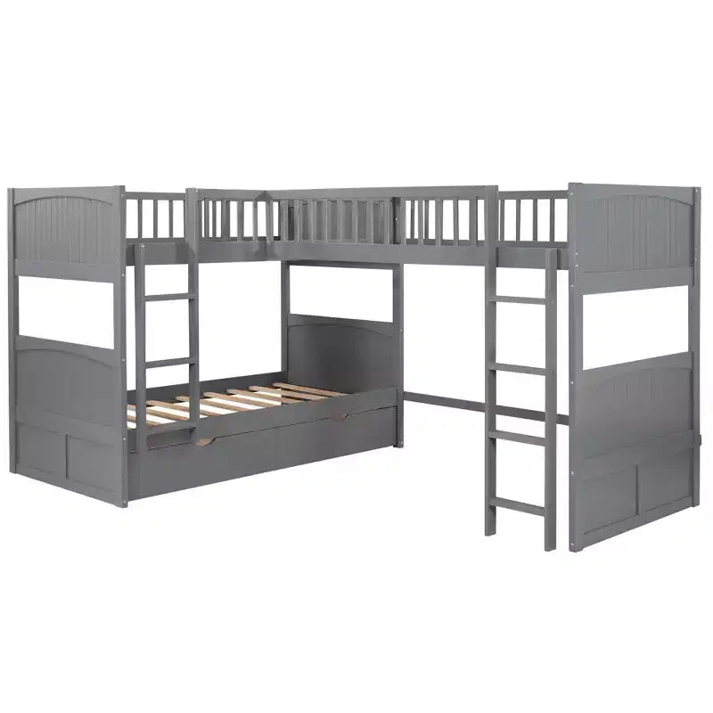 Twin L-Shaped Wood Bunk Beds with 3 Storage Drawers, Twin over Twin Wooden Triple Loft bedframe for 3 Kids