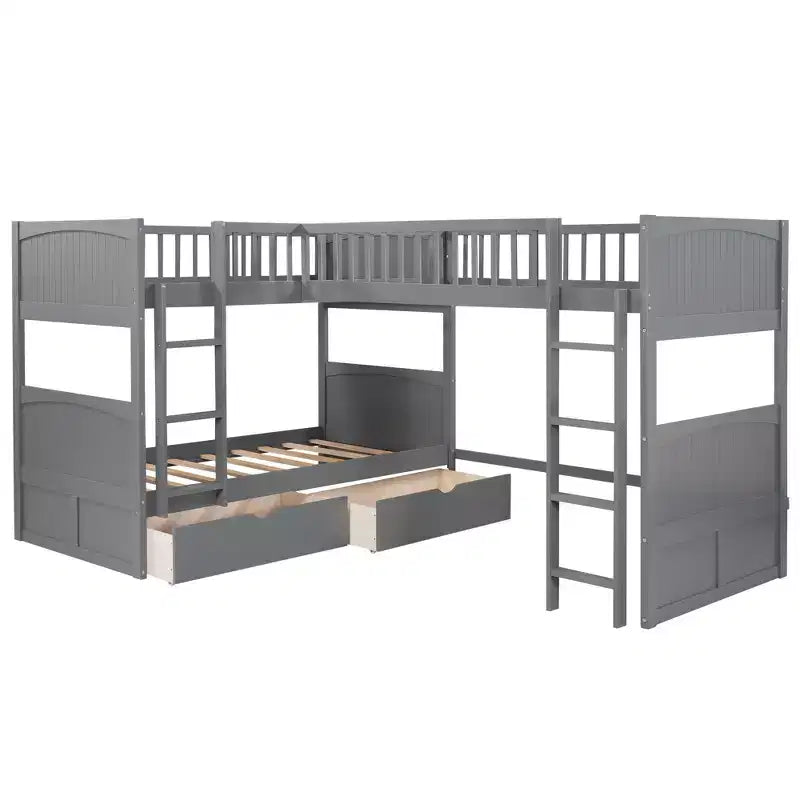 Twin L-Shaped Wood Bunk Beds with 3 Storage Drawers, Twin over Twin Wooden Triple Loft bedframe for 3 Kids