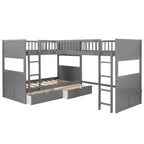 Twin L-Shaped Wood Bunk Beds with 3 Storage Drawers, Twin over Twin Wooden Triple Loft bedframe for 3 Kids