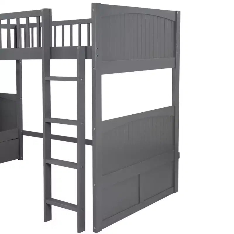 Twin L-Shaped Wood Bunk Beds with 3 Storage Drawers, Twin over Twin Wooden Triple Loft bedframe for 3 Kids
