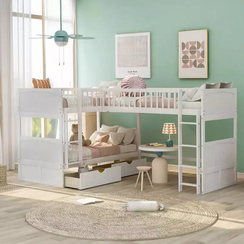 Twin L-Shaped Wood Bunk Beds with 3 Storage Drawers, Twin over Twin Wooden Triple Loft bedframe for 3 Kids