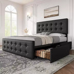 Bed Frame, Queen Size Faux Leather Upholstered Platform Bed with 4 Storage Drawers & Headboard - Button Tufted, No Box Spring Needed Black