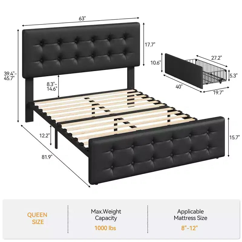 Bed Frame, Queen Size Faux Leather Upholstered Platform Bed with 4 Storage Drawers & Headboard - Button Tufted, No Box Spring Needed Black