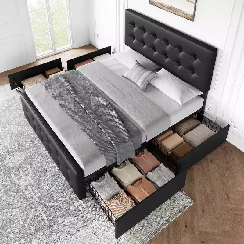 Bed Frame, Queen Size Faux Leather Upholstered Platform Bed with 4 Storage Drawers & Headboard - Button Tufted, No Box Spring Needed Black