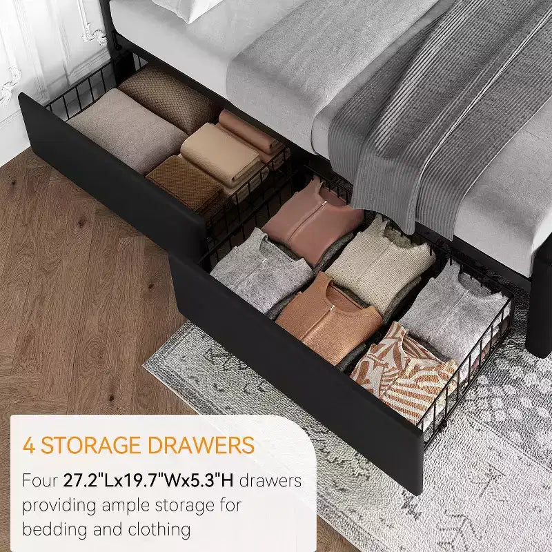 Bed Frame, Queen Size Faux Leather Upholstered Platform Bed with 4 Storage Drawers & Headboard - Button Tufted, No Box Spring Needed Black
