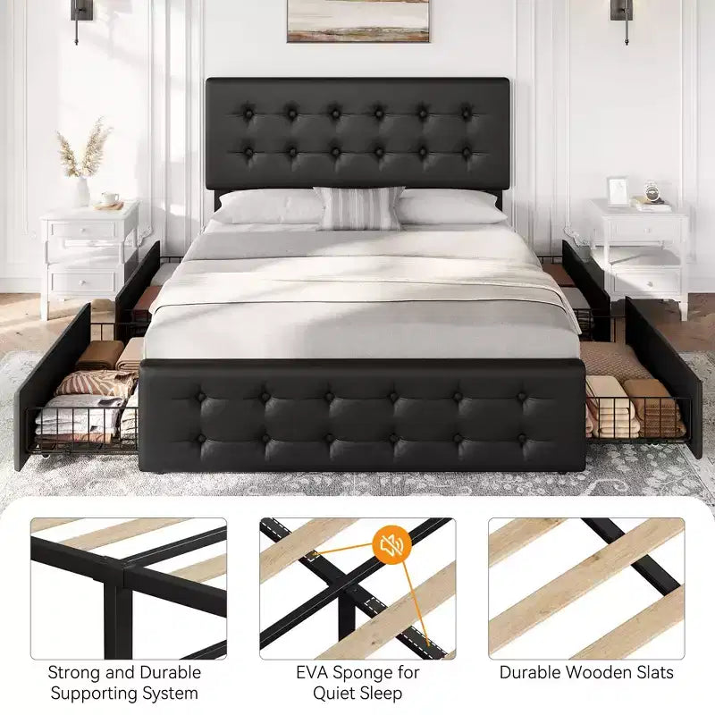 Bed Frame, Queen Size Faux Leather Upholstered Platform Bed with 4 Storage Drawers & Headboard - Button Tufted, No Box Spring Needed Black