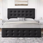 Bed Frame, Queen Size Faux Leather Upholstered Platform Bed with 4 Storage Drawers & Headboard - Button Tufted, No Box Spring Needed Black