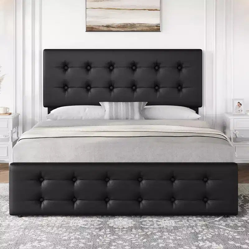 Bed Frame, Queen Size Faux Leather Upholstered Platform Bed with 4 Storage Drawers & Headboard - Button Tufted, No Box Spring Needed Black