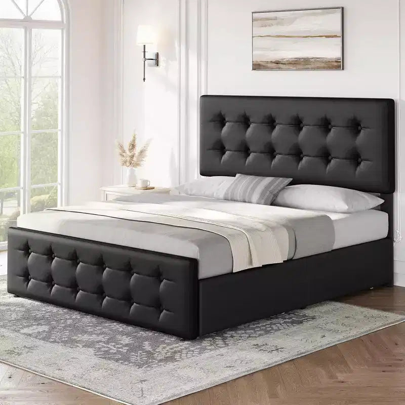 Bed Frame, Queen Size Faux Leather Upholstered Platform Bed with 4 Storage Drawers & Headboard - Button Tufted, No Box Spring Needed Black