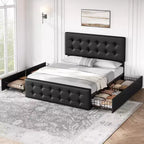 Bed Frame, Queen Size Faux Leather Upholstered Platform Bed with 4 Storage Drawers & Headboard - Button Tufted, No Box Spring Needed Black
