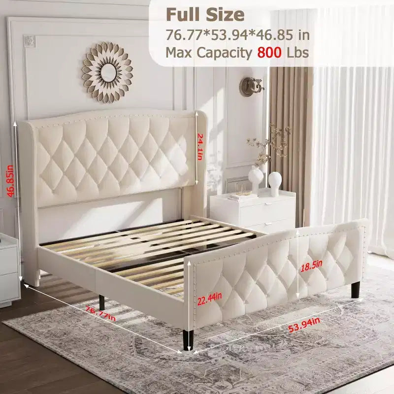 Bed Frame, Platform Bed with Velvet Upholstered Wingback Headboard - Wooden Slat Support, No Box Spring Needed, Easy Assembly