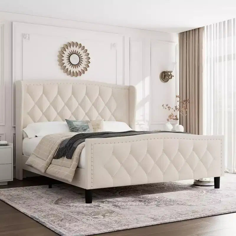 Bed Frame, Platform Bed with Velvet Upholstered Wingback Headboard - Wooden Slat Support, No Box Spring Needed, Easy Assembly