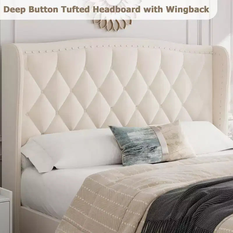 Bed Frame, Platform Bed with Velvet Upholstered Wingback Headboard - Wooden Slat Support, No Box Spring Needed, Easy Assembly