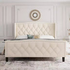 Bed Frame, Platform Bed with Velvet Upholstered Wingback Headboard - Wooden Slat Support, No Box Spring Needed, Easy Assembly