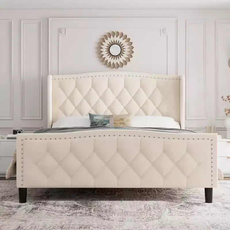 Bed Frame, Platform Bed with Velvet Upholstered Wingback Headboard - Wooden Slat Support, No Box Spring Needed, Easy Assembly