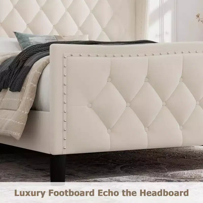 Bed Frame, Platform Bed with Velvet Upholstered Wingback Headboard - Wooden Slat Support, No Box Spring Needed, Easy Assembly