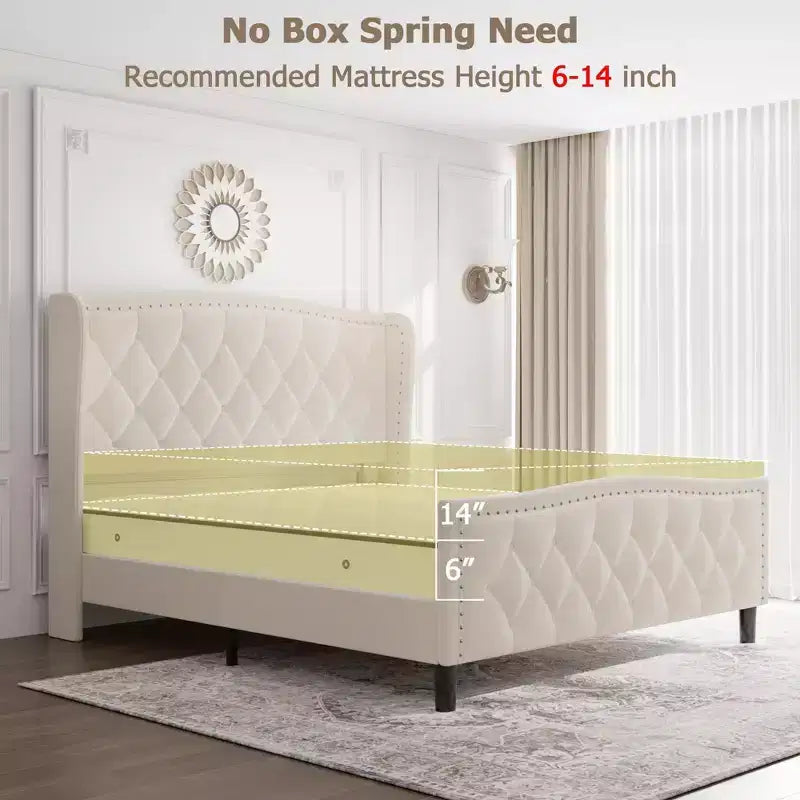 Bed Frame, Platform Bed with Velvet Upholstered Wingback Headboard - Wooden Slat Support, No Box Spring Needed, Easy Assembly