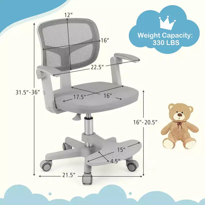 Kids Desk Chair Children Study Chair with Adjustable Height, Armrest & Footrest Purple/Pink/Green/Gray/Blue