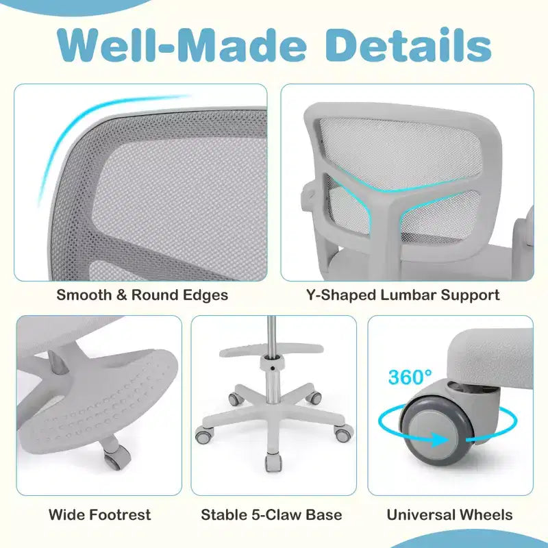 Kids Desk Chair Children Study Chair with Adjustable Height, Armrest & Footrest Purple/Pink/Green/Gray/Blue