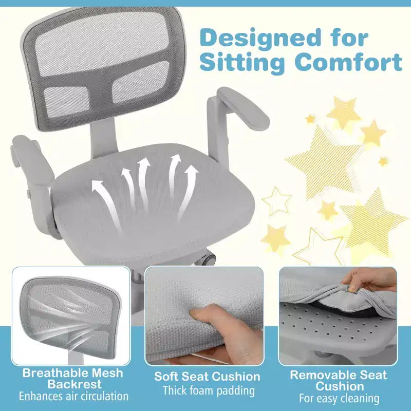 Kids Desk Chair Children Study Chair with Adjustable Height, Armrest & Footrest Purple/Pink/Green/Gray/Blue